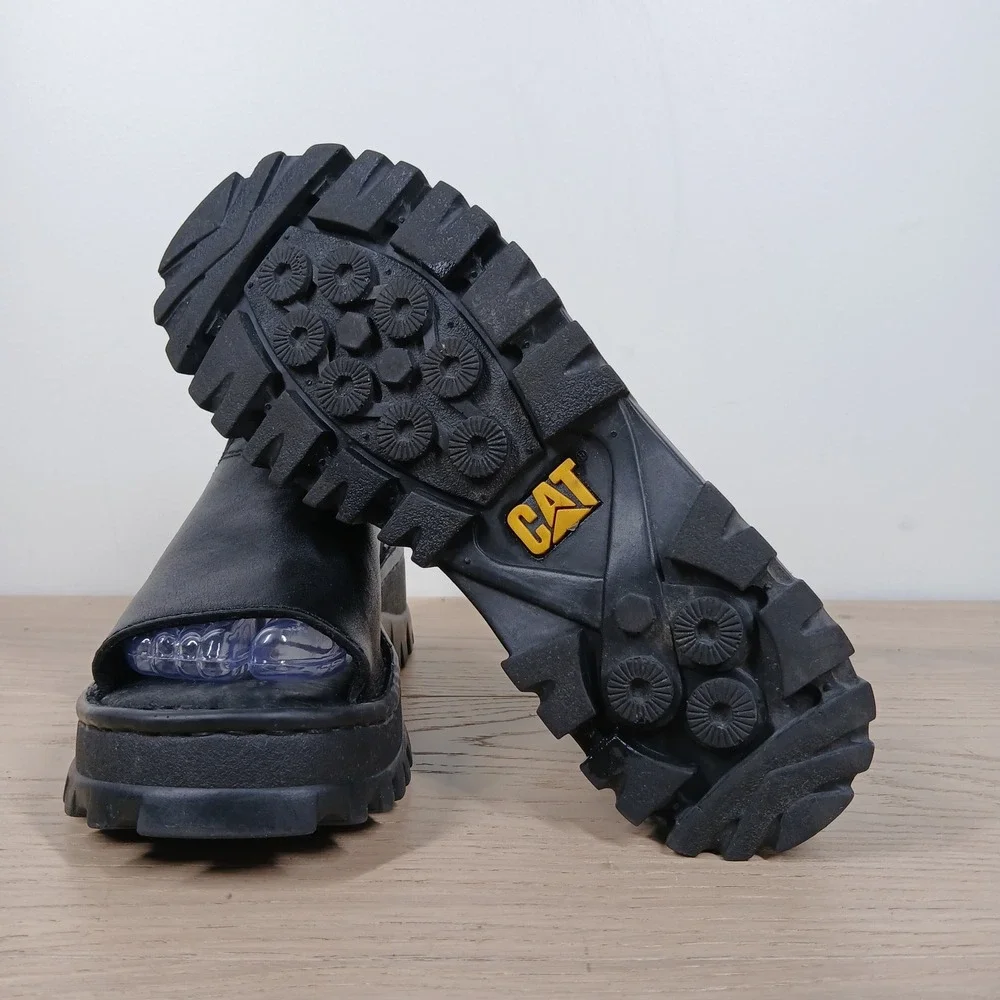 RARE Caterpillar CAT Y2K Black Leather Platform Sandals Women 8 Lug Ankle Strap